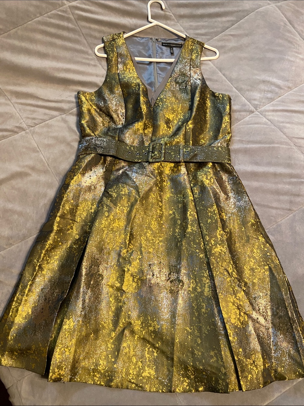 White House Black Market Olive and Gold Metallic Dress with Belt